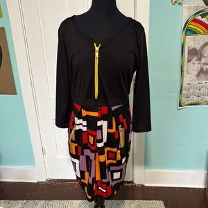 Miusol color block, graphic, geometric, gold zipper, long sleeve mini dress XL